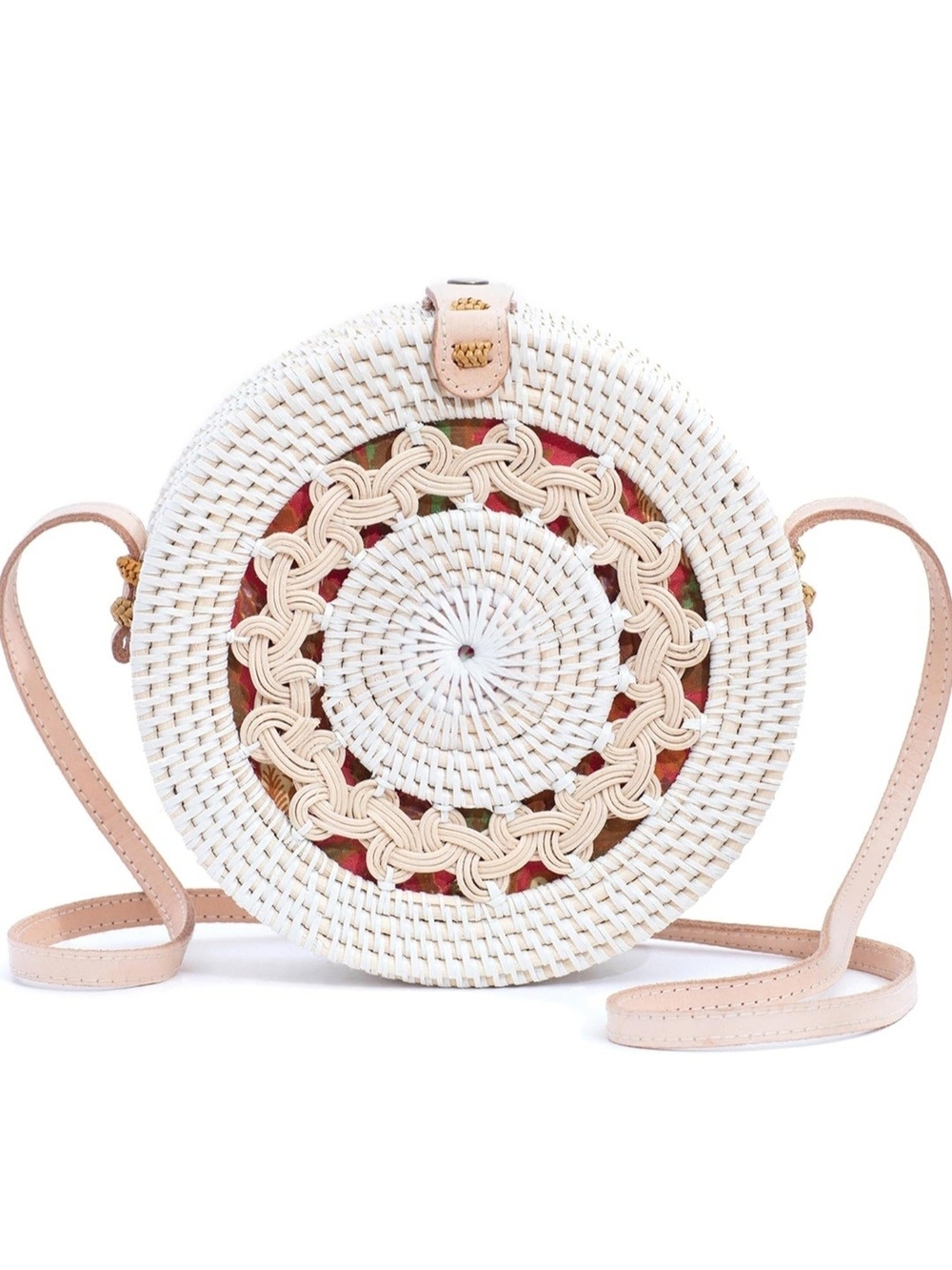 Woven Round Crossbody Bag in White and Tan